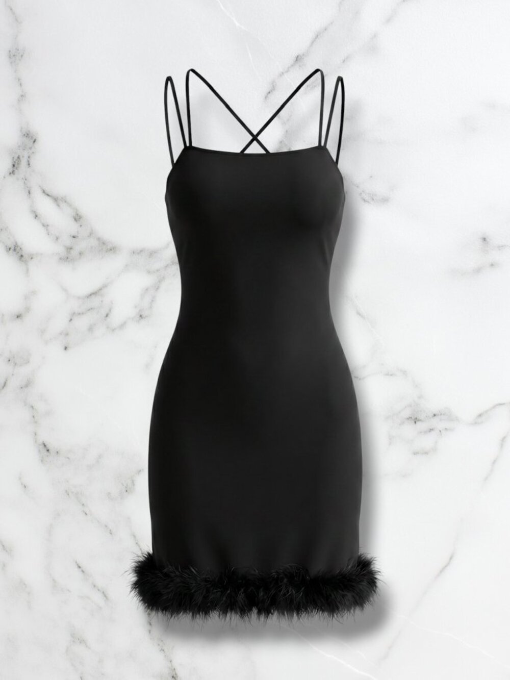 Express Black Open Back Criss Cross Plume Feather Trim Midi Dress XL